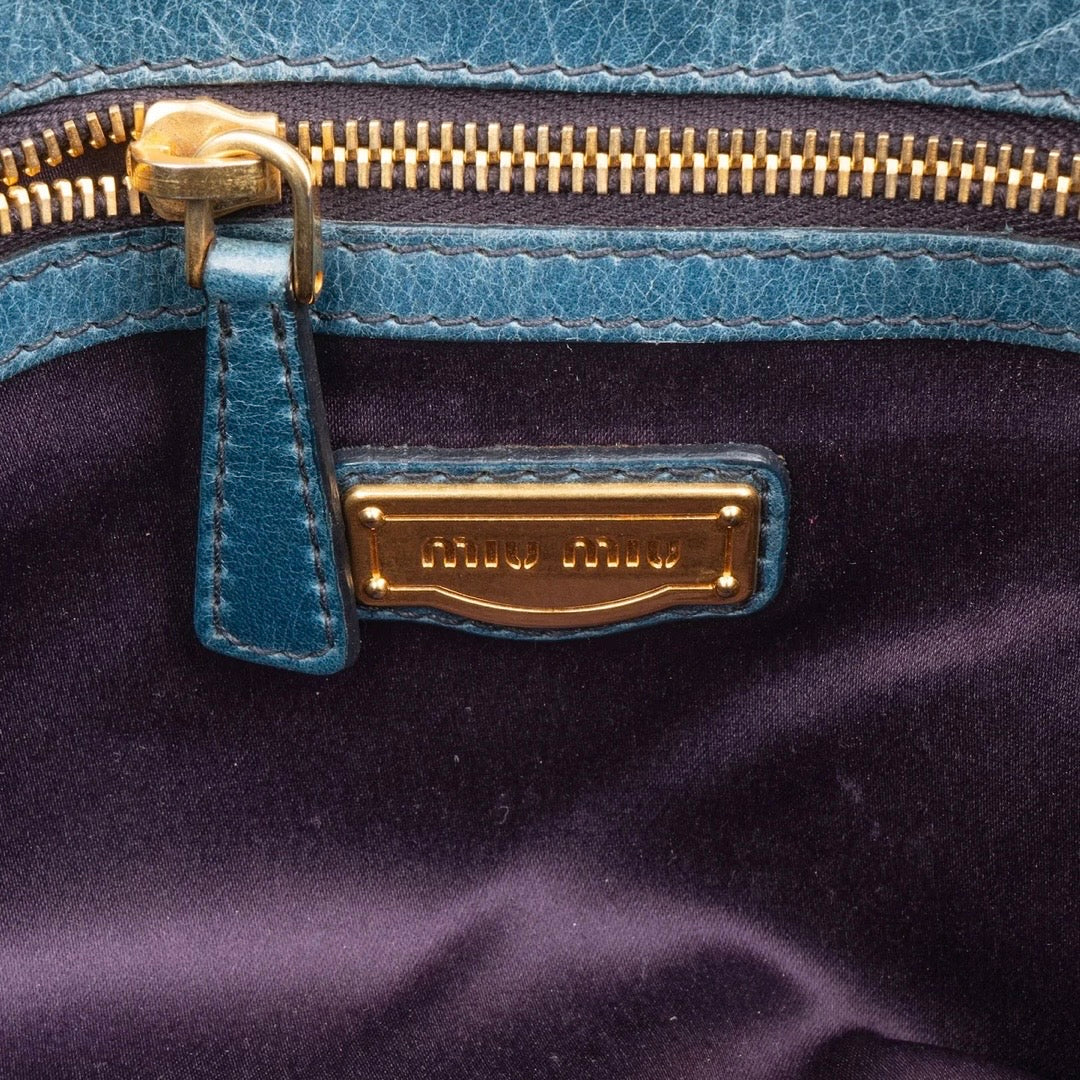 Miu Miu Blue Leather Vitello Lux Pleated Handbag