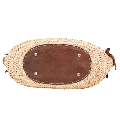 Miu Miu Leather Studded Flower Raffia Basket Shoulder Bag