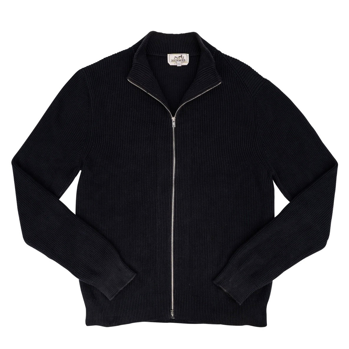 Hermès Black Strick Ribbed Zip-Up Cardigan (L)