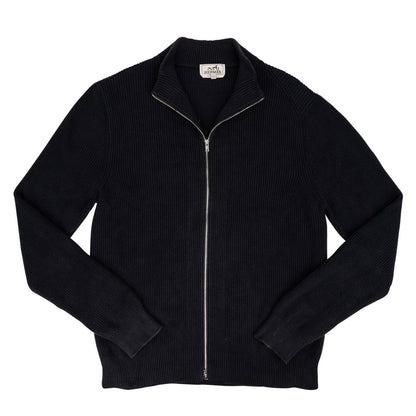 Hermès Black Strick Ribbed Zip-Up Cardigan (L)