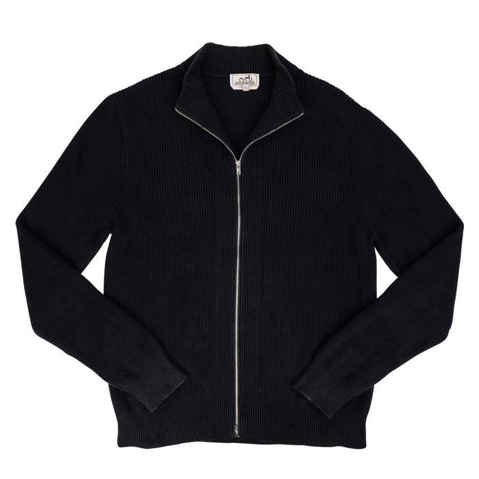 Hermès Black Strick Ribbed Zip-Up Cardigan (L)