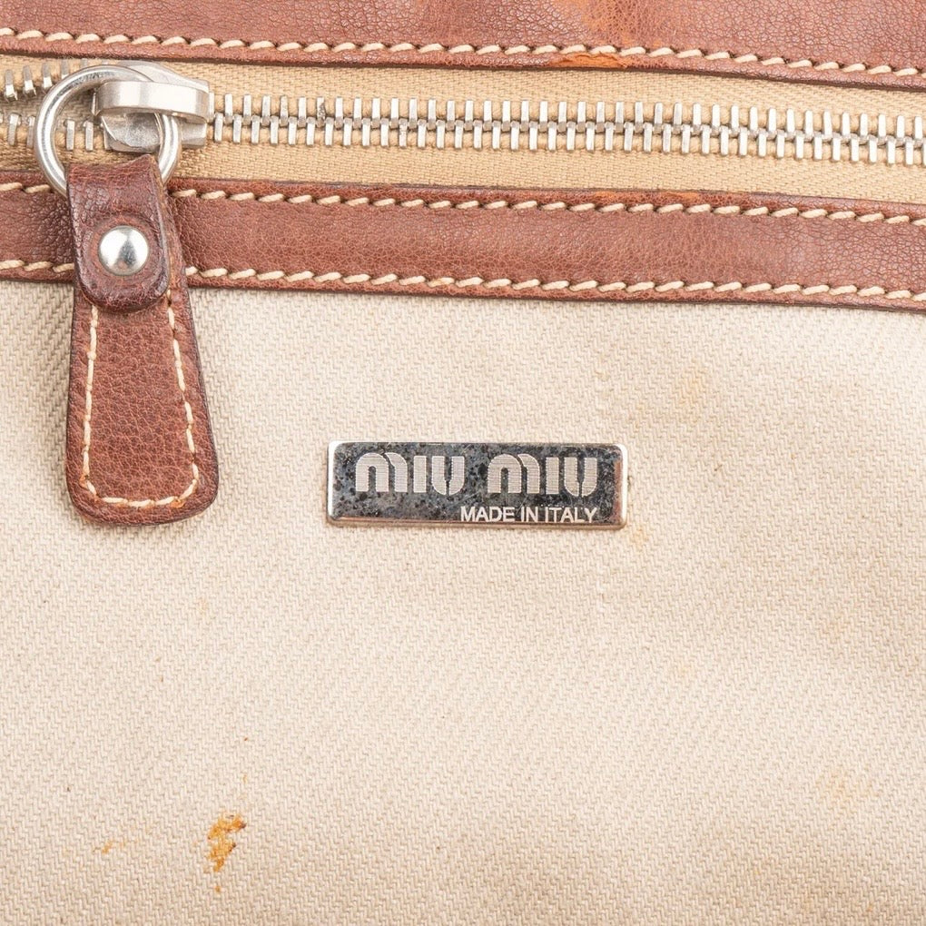Miu Miu Leather Studded Flower Raffia Basket Shoulder Bag