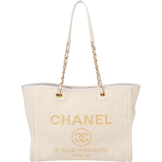 Chanel White Christmas Gold Tone Glitter Deauville Handbag