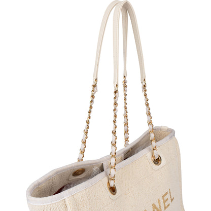 Chanel White Christmas Gold Tone Glitter Deauville Handbag