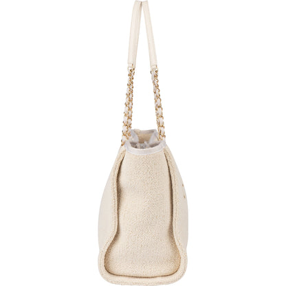 Chanel White Christmas Gold Tone Glitter Deauville Handbag