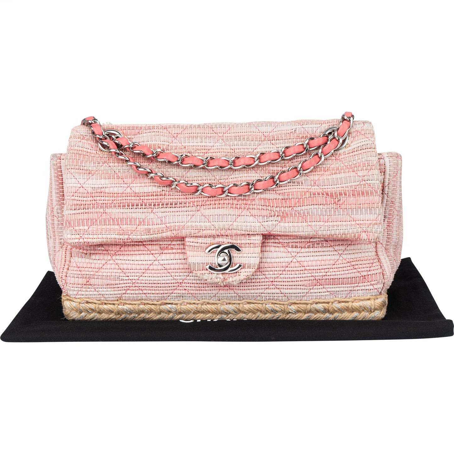 Chanel Quilted Tweed Palladium Espadrille Single Flap Crossbody Bag