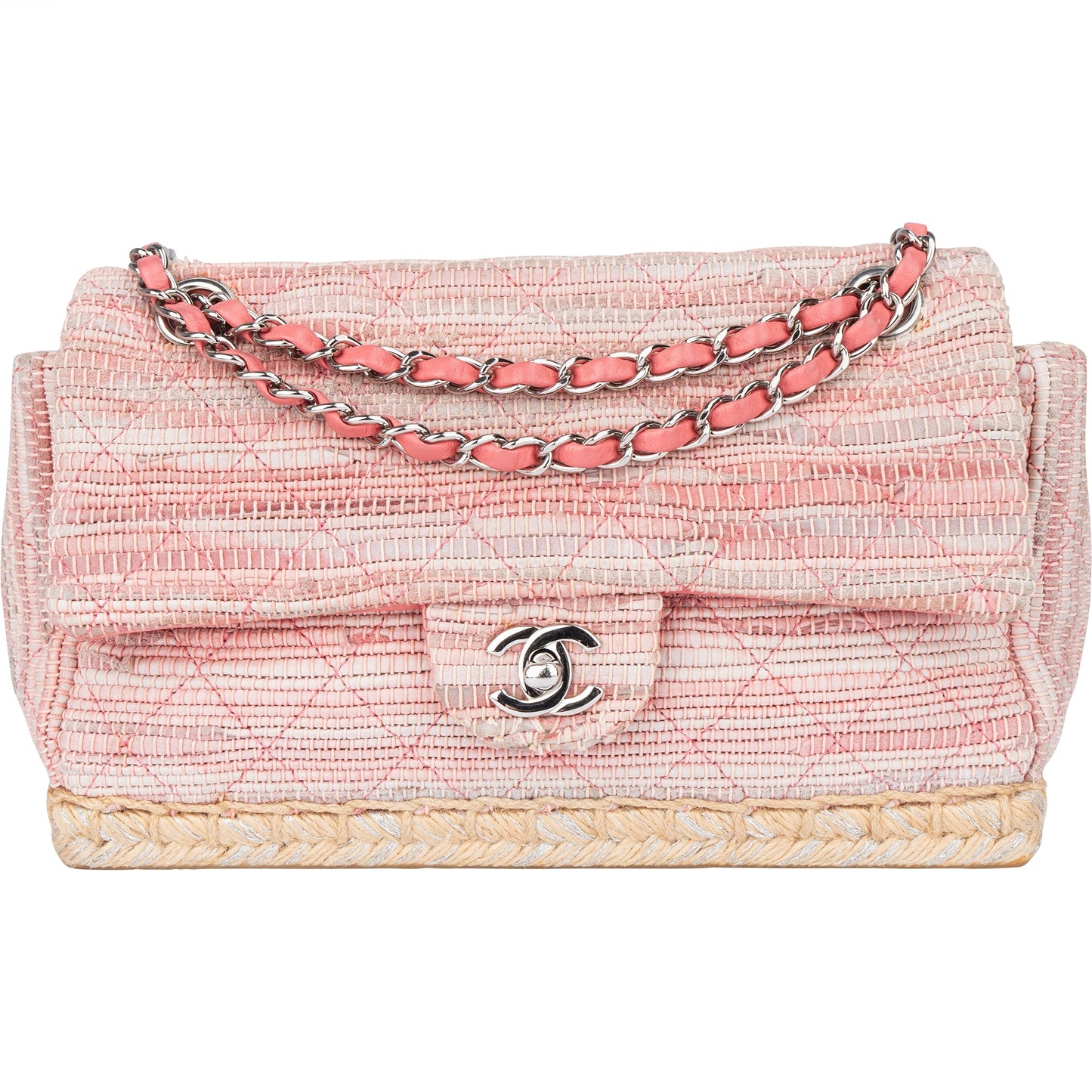 Chanel Quilted Tweed Palladium Espadrille Single Flap Crossbody Bag