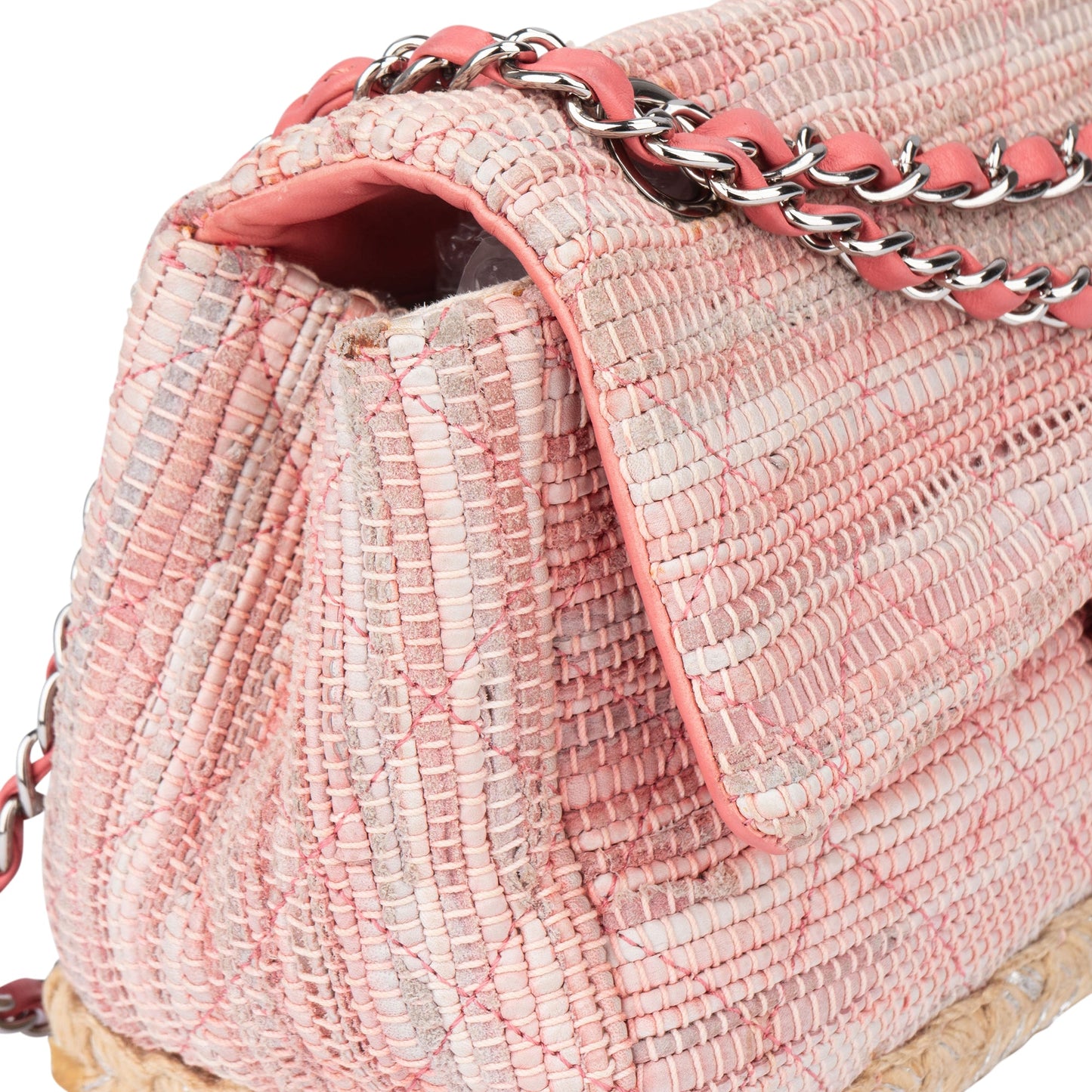 Chanel Quilted Tweed Palladium Espadrille Single Flap Crossbody Bag