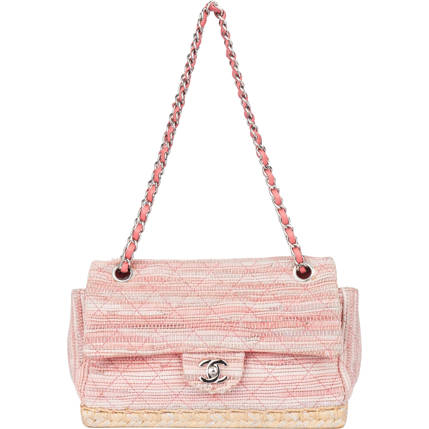 Chanel Quilted Tweed Palladium Espadrille Single Flap Crossbody Bag