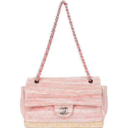 Chanel Quilted Tweed Palladium Espadrille Single Flap Crossbody Bag