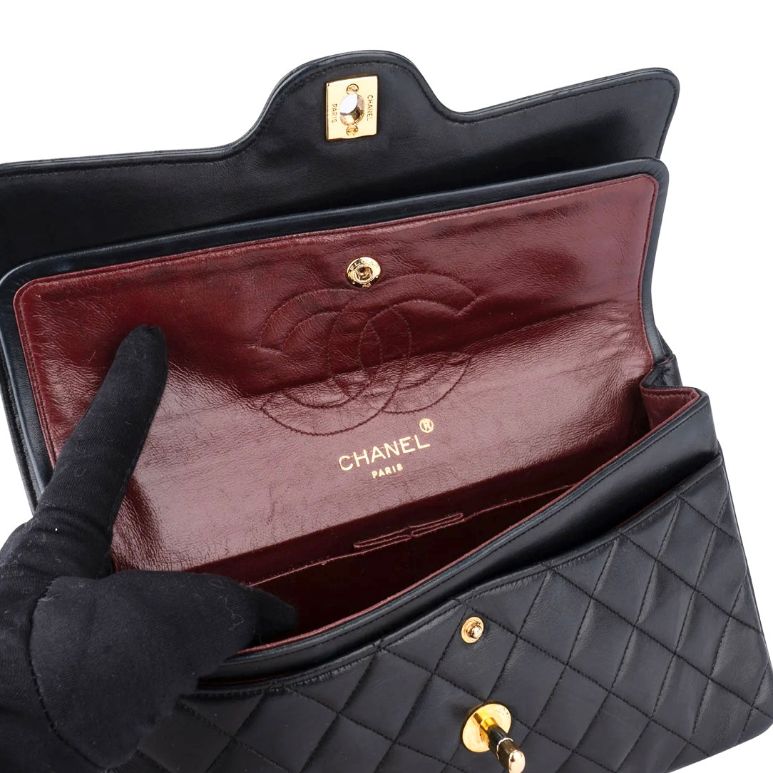 Chanel Quilted Lambskin 24K Gold Double Flap Crossbody Bag