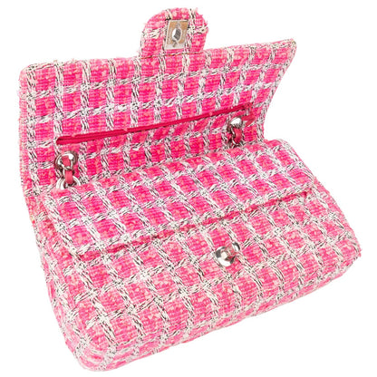Chanel Quilted Tweed Palladium Double Flap Crossbody Bag