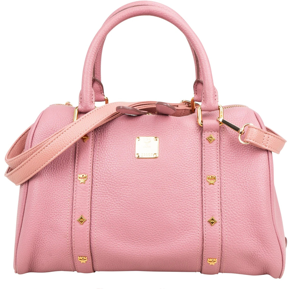 MCM Pebbled Leather Essential Studded Boston Handbag