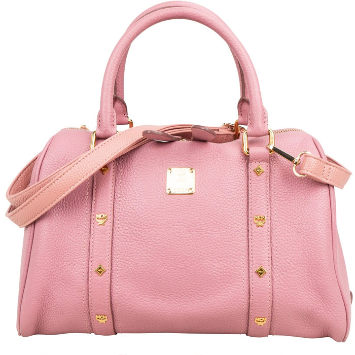 MCM Pebbled Leather Essential Studded Boston Handbag