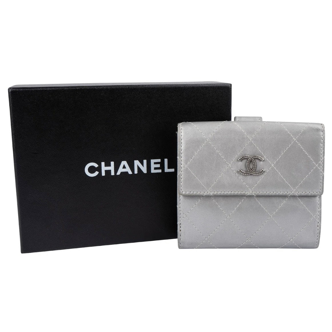 Chanel Quilted Metallic Silver Leather Compact CC Wallet