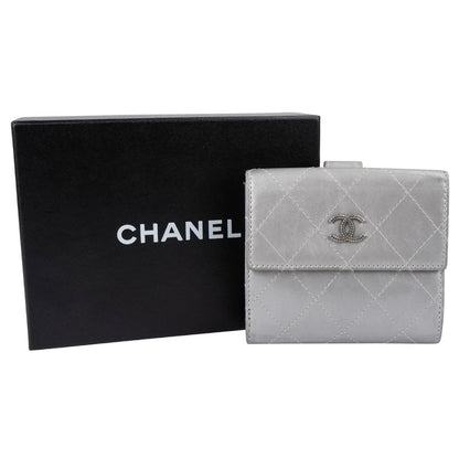 Chanel Quilted Metallic Silver Leather Compact CC Wallet