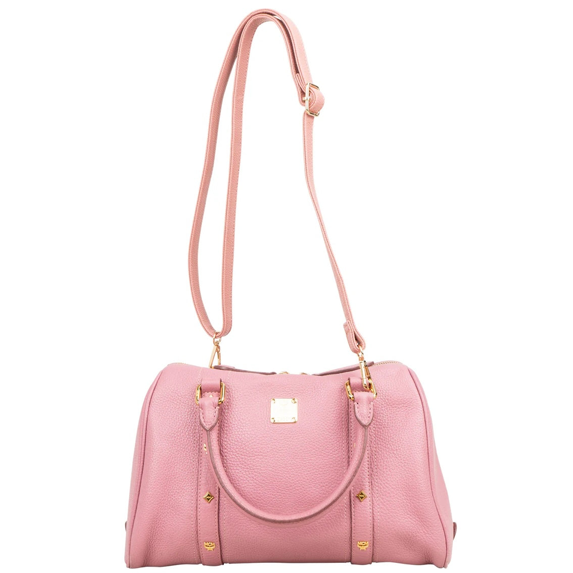 MCM Pebbled Leather Essential Studded Boston Handbag