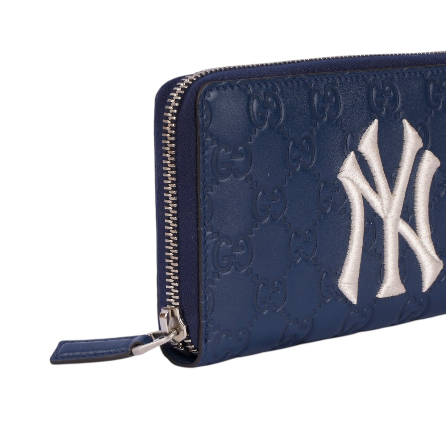 Gucci Blue Guccissima Leather NY Yankees Zip Wallet